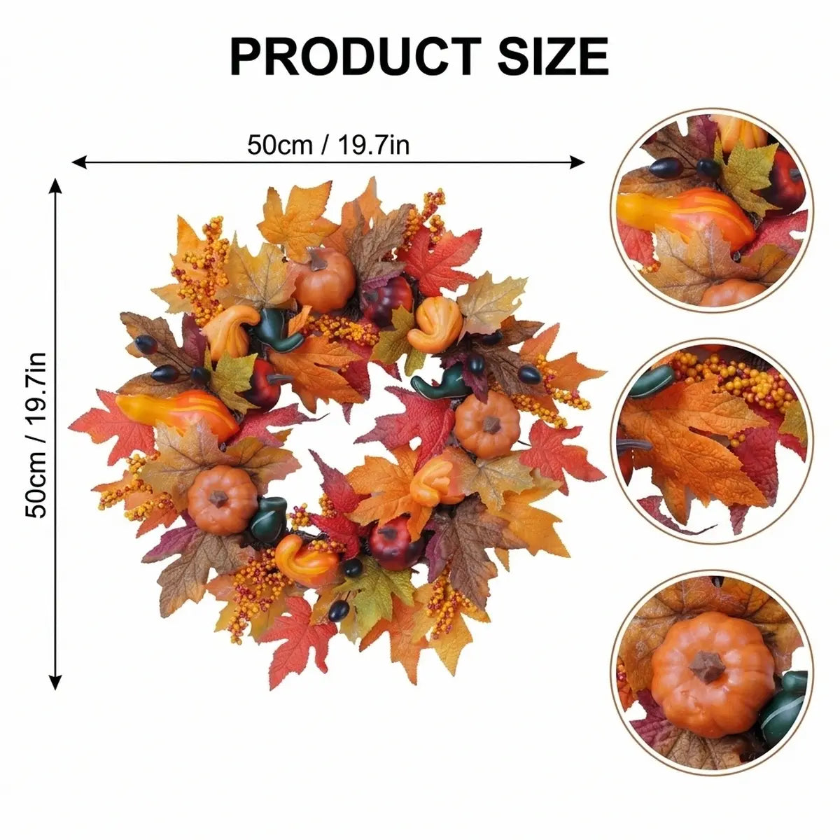 Product size chart for fall harvest wreath showing dimensions with pumpkin and maple leaf design details