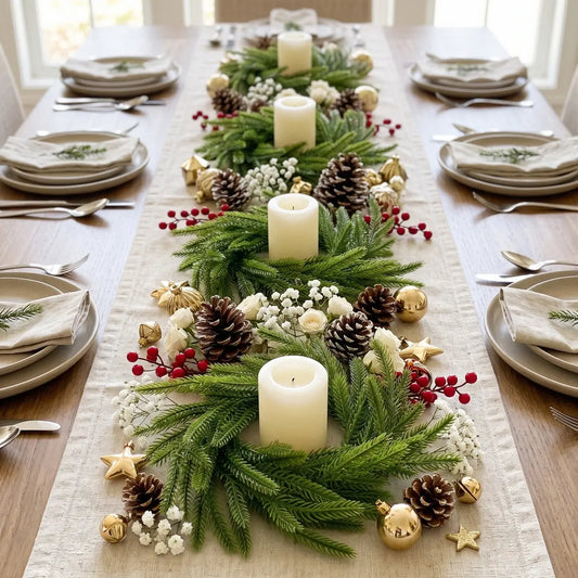 Multiple Norfolk pine candle ring wreaths styled as a Christmas dining table centerpiece runner with white pillar candles, gold ornaments, pine cones and red berries on a formal holiday tablescape
