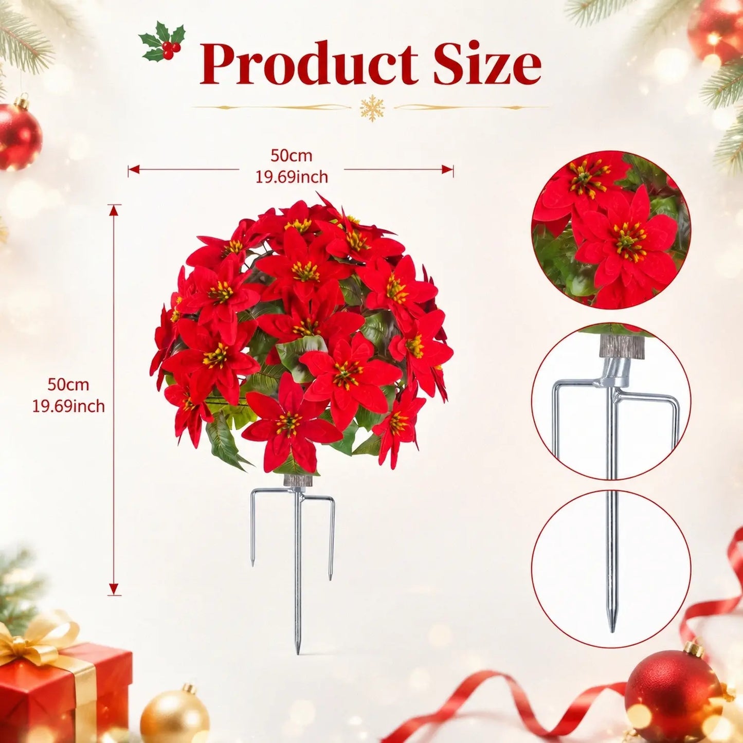 Red poinsettia ground stake product size diagram metal spike stake – IPOPU