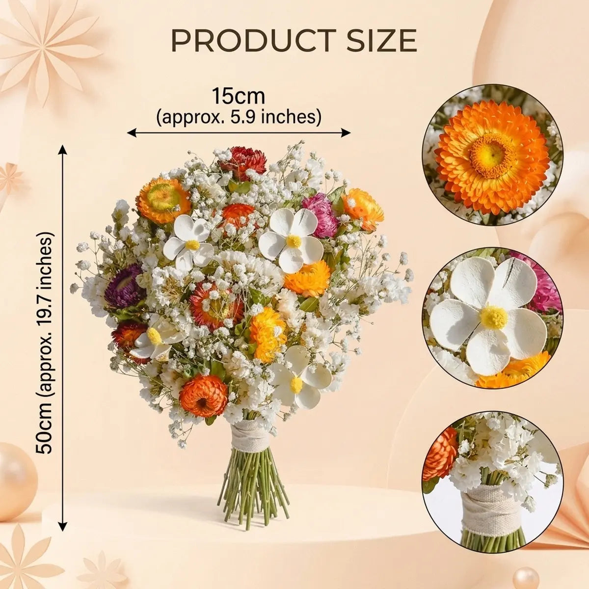 Dried flower bouquet size chart, 15cm x 50cm, 5.9in x 19.7in, white daisy, orange strawflower and baby's breath, stem and petal detail closeups