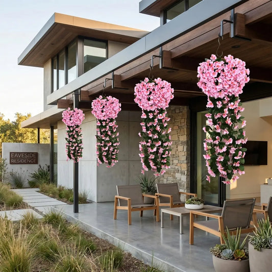 Multiple artificial pink hanging flower vines suspended from modern house eaves over patio seating area, outdoor balcony décor
