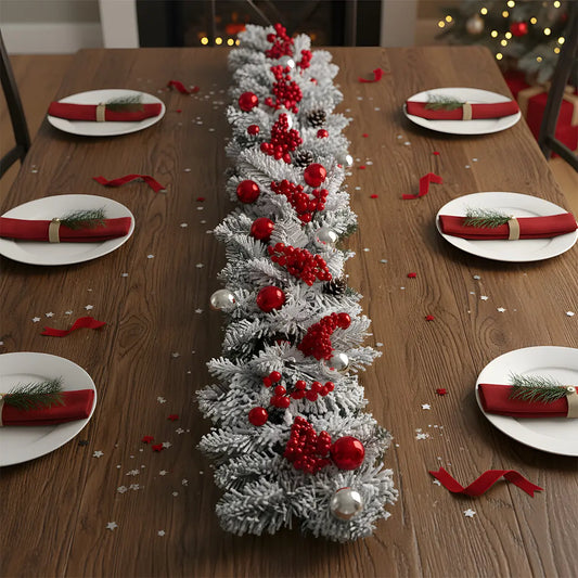 Christmas Swag Garland with Red Berries and Pine Cones Styled as Table Runner