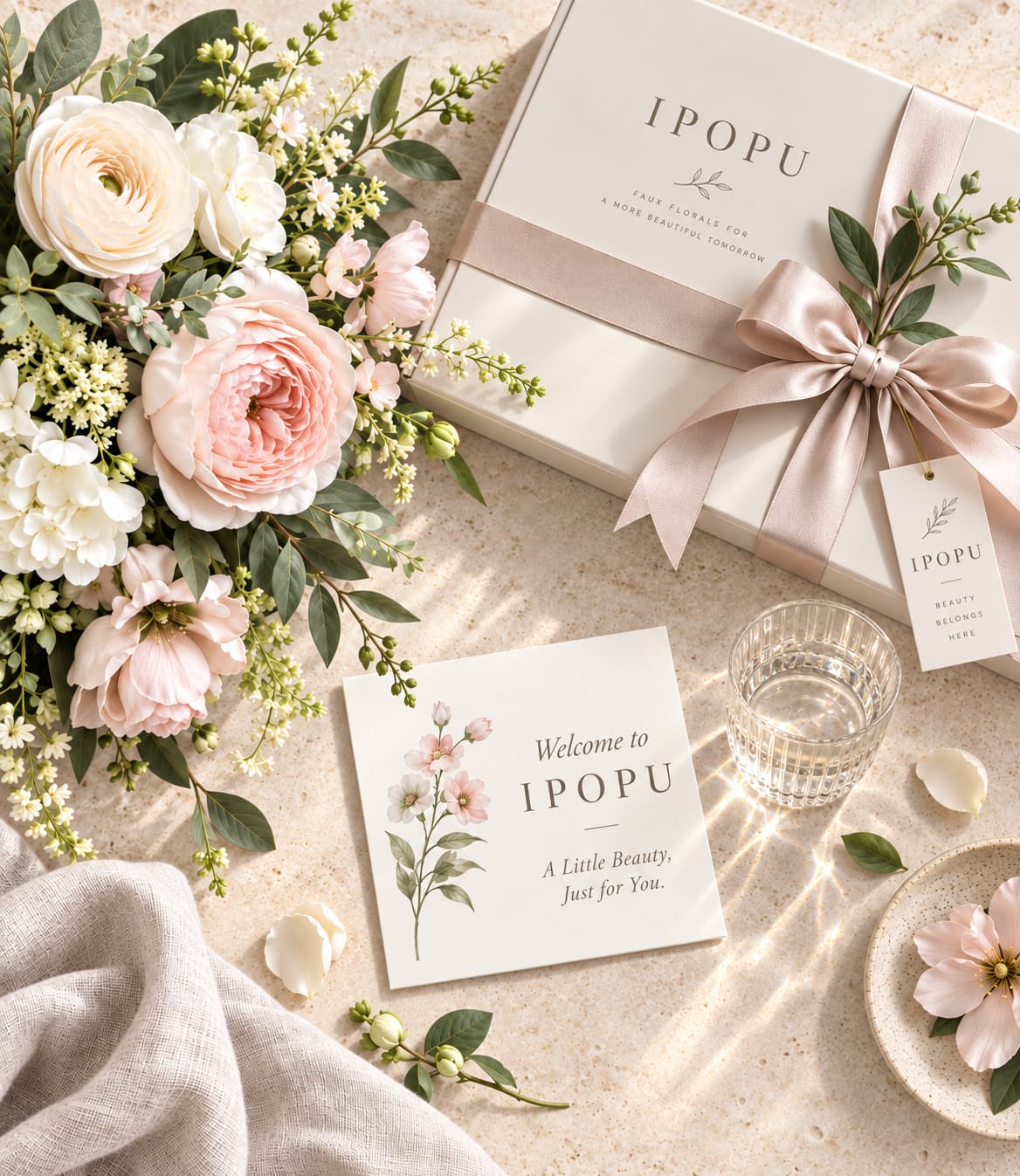 IPOPU faux floral gift box with blush pink satin ribbon, pink roses and white ranunculus bouquet, welcome card on sandy surface – IPOPU