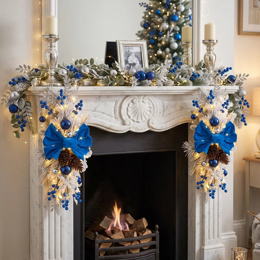 Blue Artificial Christmas Swag Wreath Displayed on Fireplace Mantel – Holiday Home Decor