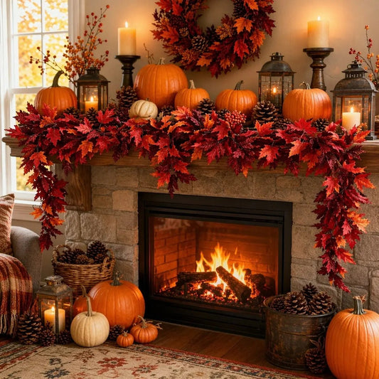 Two artificial autumn maple leaf garlands arranged on a staircase railing for Thanksgiving and harvest festival home decoration