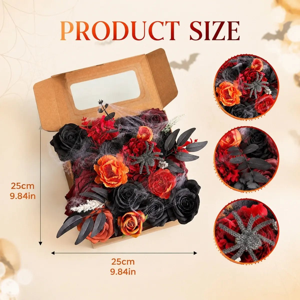 Product size chart showing orange black red artificial flower combo box measuring 25cm x 25cm (9.84in x 9.84in) with closeup details of orange peonies, deep red roses, black roses, black eucalyptus foliage, spider web filler, and glitter spider accent