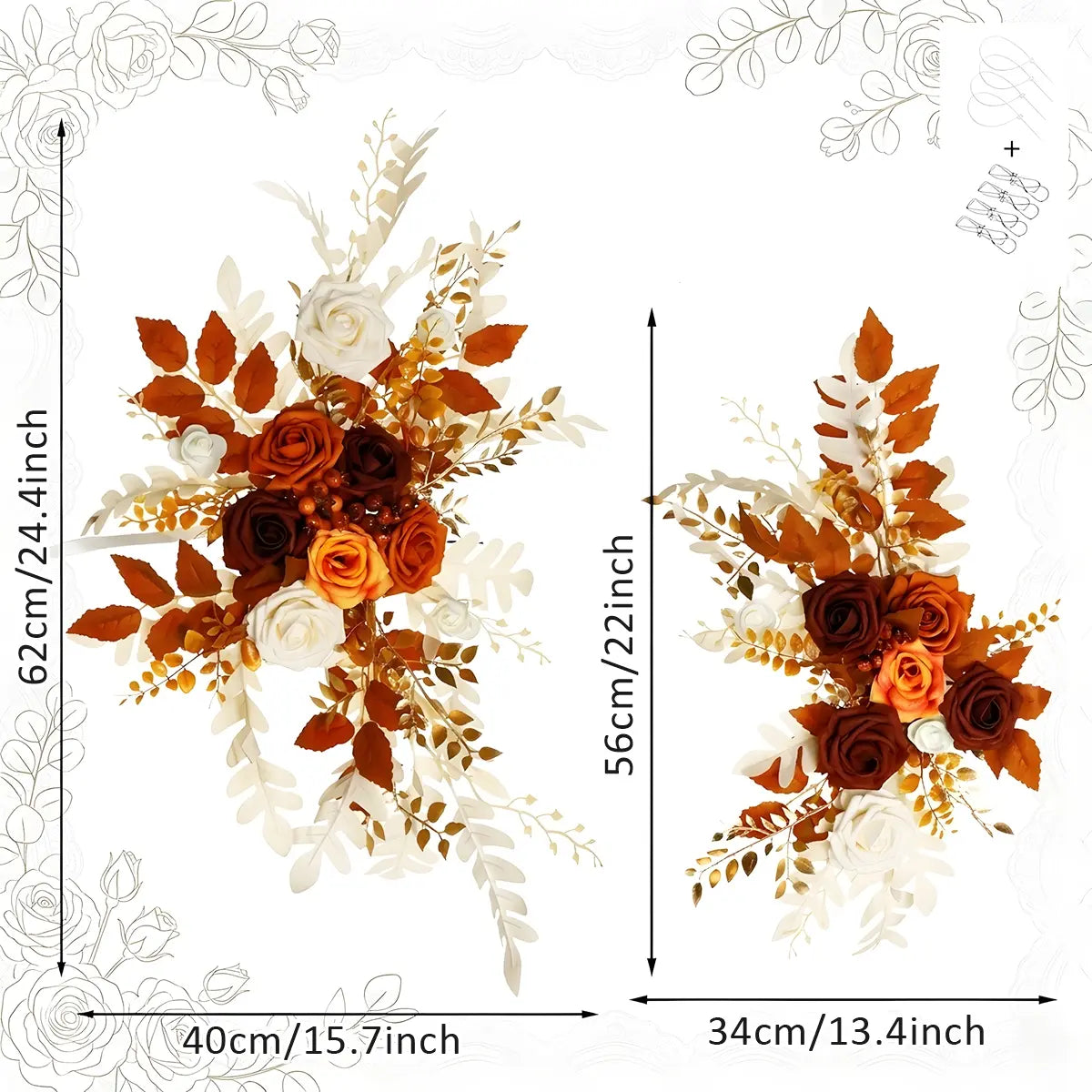 Set of 2 burnt orange boho artificial flower swags flat lay showing full arrangement detail