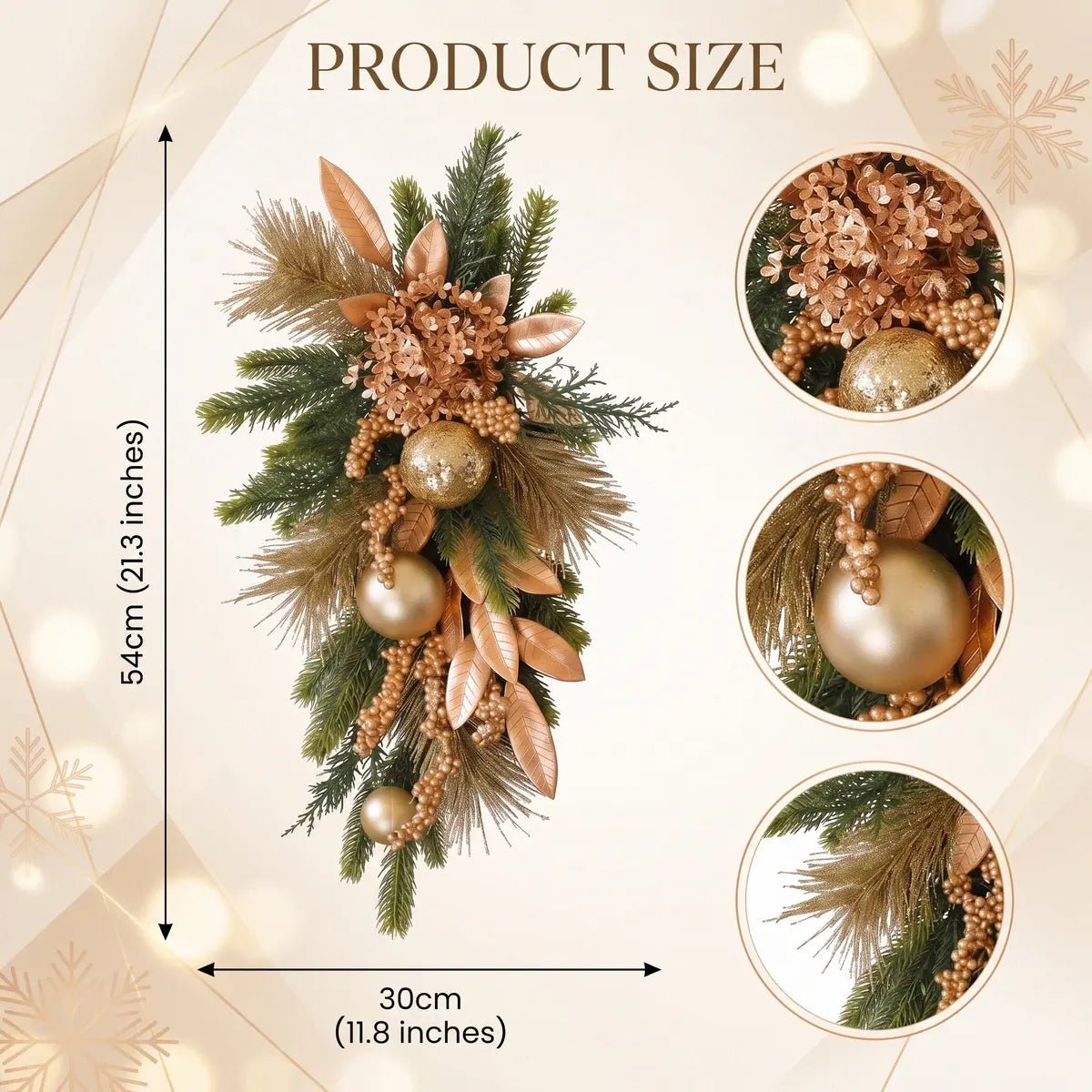 Christmas teardrop swag wreath product overview showing hydrangea, gold ball ornaments and berry details