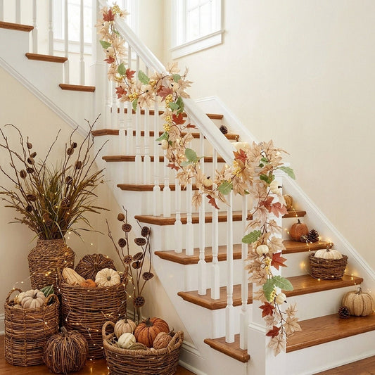 Artificial cream floral garland with roses and greenery wrapped around staircase railing – IPOPU