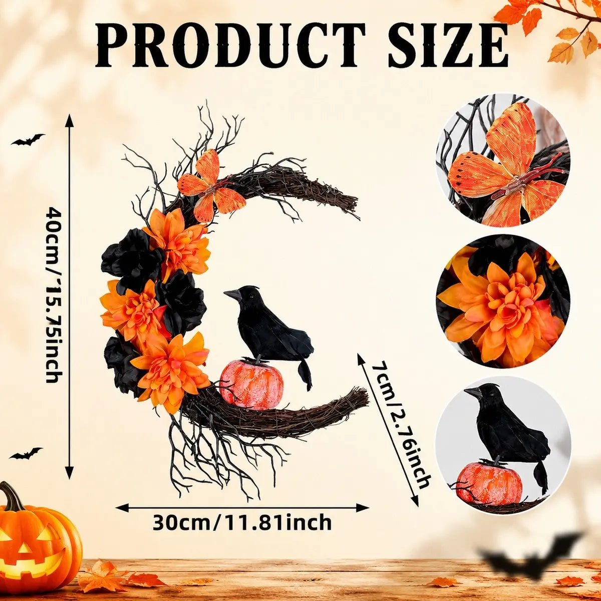 Product size chart for crescent moon Halloween wreath showing dimensions and design details