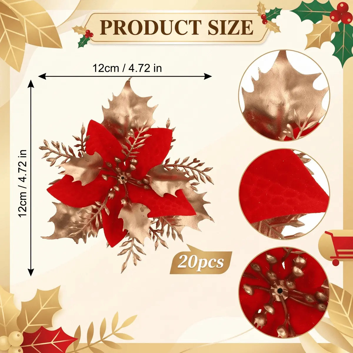 Artificial poinsettia pick dimensions and 20-piece set details