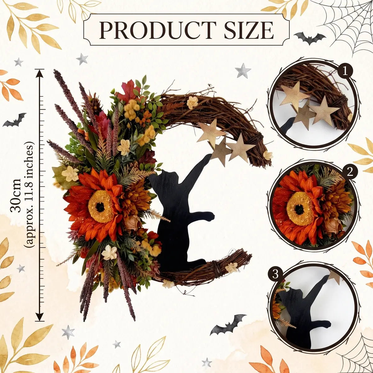 Halloween moon cat wreath product size chart showing 30cm (11.8 inch) dimensions, with detail close-ups of wooden star accents, sunflower center and black cat silhouette