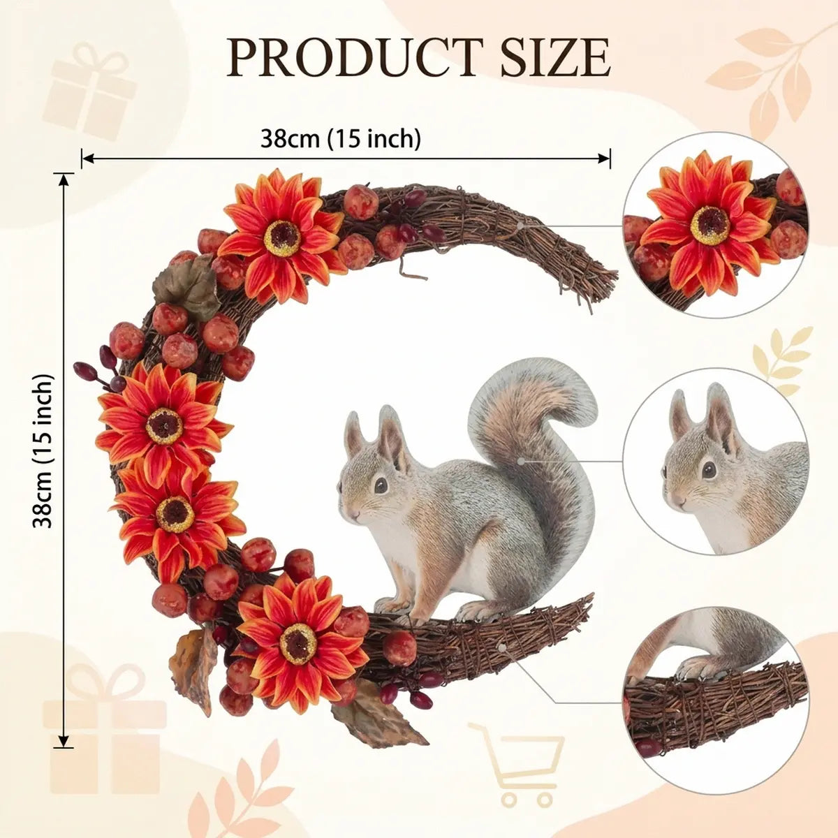 Fall Harvest Wreath with Squirrel | Faux Maple Leaves, Pumpkins, Acorns & Sunflower for Farmhouse Thanksgiving Decor