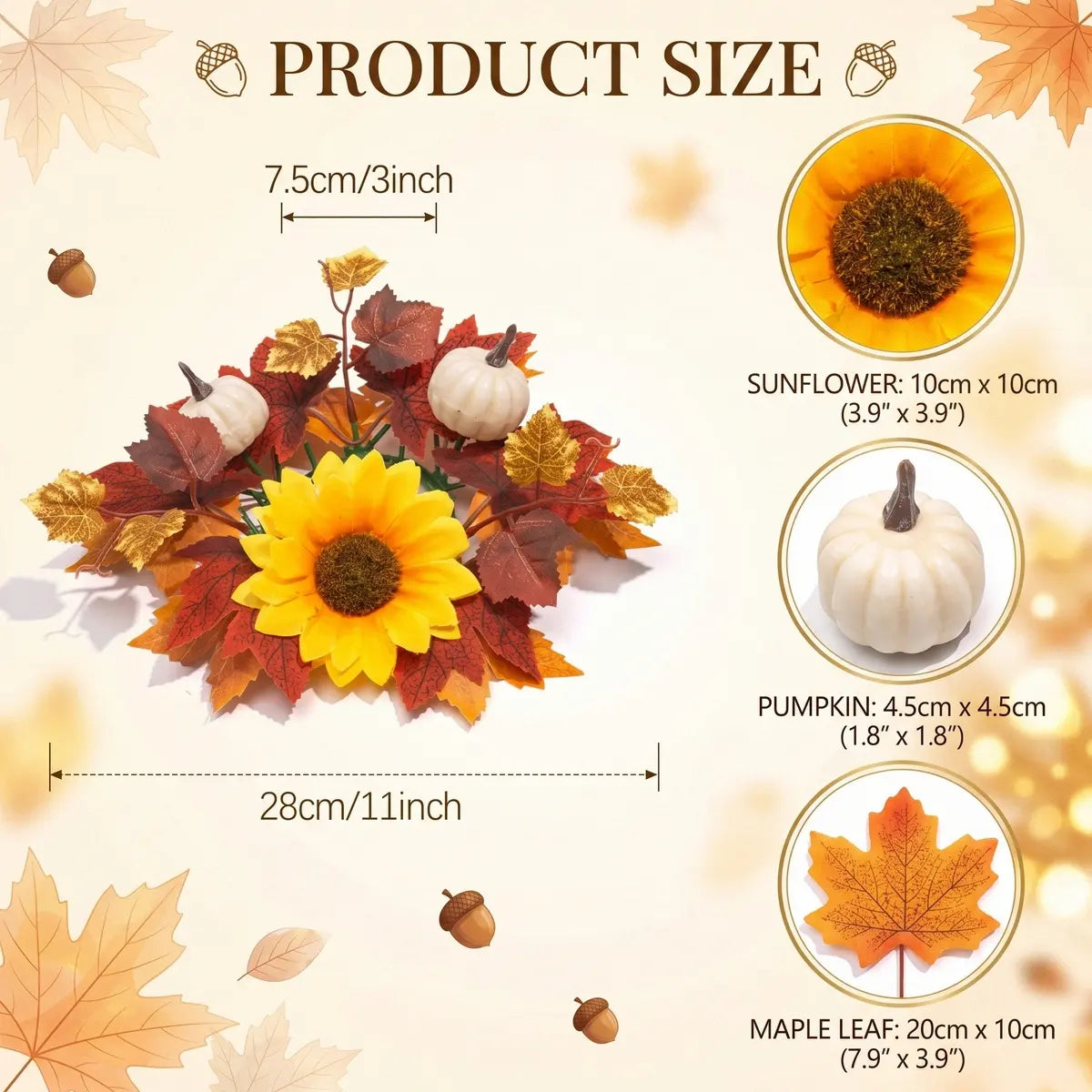 Product size chart for fall candle ring wreath showing 11 inch dimensions with sunflower, pumpkin and maple leaf design details