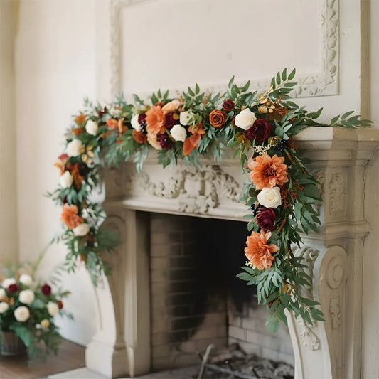 Fall Artificial Flower Garland with Burnt Orange Roses Draped on Fireplace Mantel