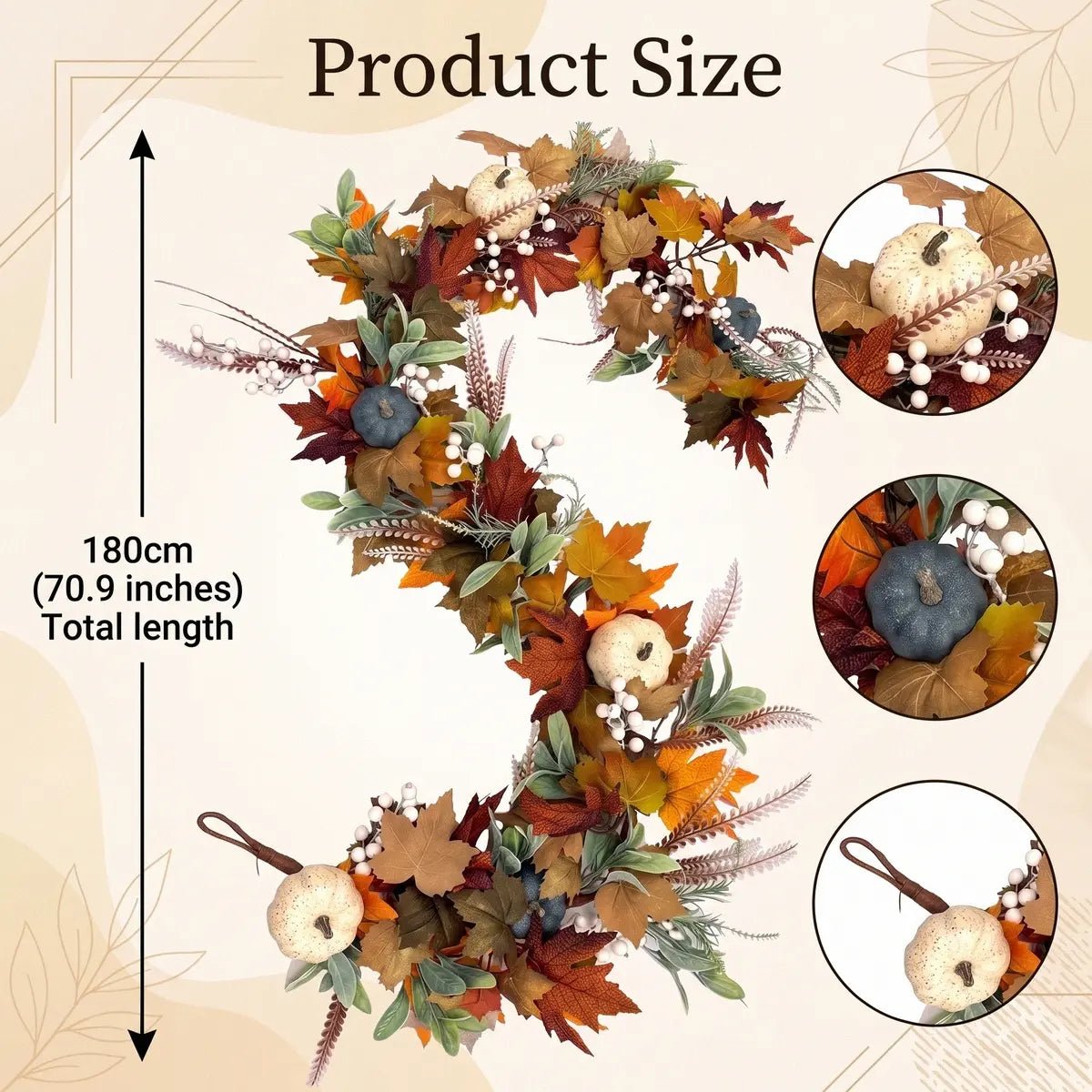 Fall maple leaves and pumpkin garland product size chart showing 180cm (70.9 inch / 6FT) total length, with close-up detail callouts of white speckled faux pumpkin with white berry cluster and wheat spray, blue-grey faux pumpkin with orange maple leaf, and brown leather hanging loop at garland end