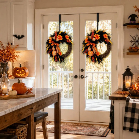 Halloween wreath with ghost and orange maple leaves hanging on a front door in a bright entryway