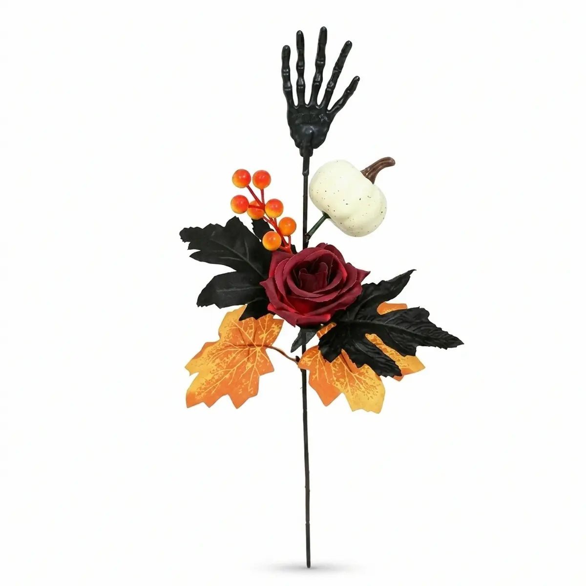 Single Halloween skeleton hand artificial flower stem with black rose and orange maple leaf accents