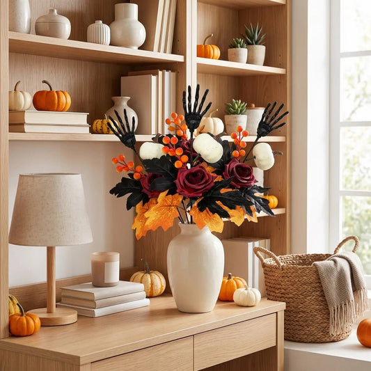 Halloween skeleton hand flower stem displayed in a white vase on a home shelf with autumn decor
