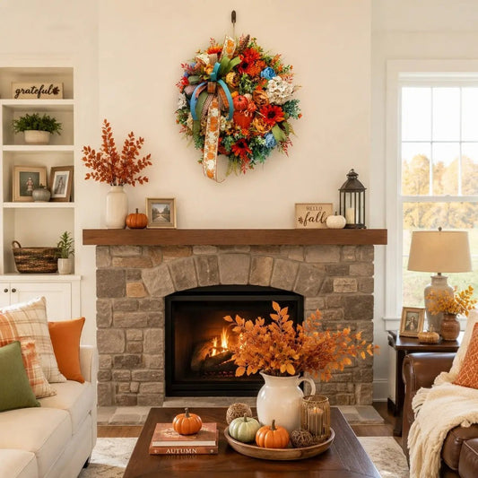 Fall harvest wreath with orange and blue hydrangeas on a fireplace mantel with pumpkin decorations