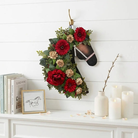 Horse Head Wreath for Front Door, Wooden Horse Head Door Hanging Wreath with Fake Flowers & Green Leaves, Wall Decoration Welcome Sign for Front Porch, Christmas Tree & Year-Round DecorDoor WreathHorse Head Wreath for Front Door, Wooden Horse Head Door Hanging Wreath with Fake Flowers & Green Leaves, Wall Decoration Welcome Sign for Front Porch, Christmas Tree & Year-Round DecorIPOPU