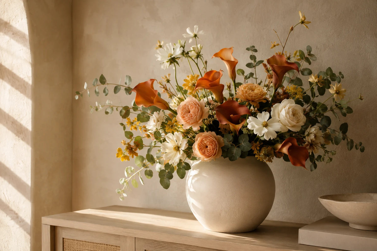 Artificial orange calla lily, peach garden rose, white cosmos and eucalyptus oversized bouquet in round white ceramic vase on rattan sideboard, warm sunlight home decor – IPOPU