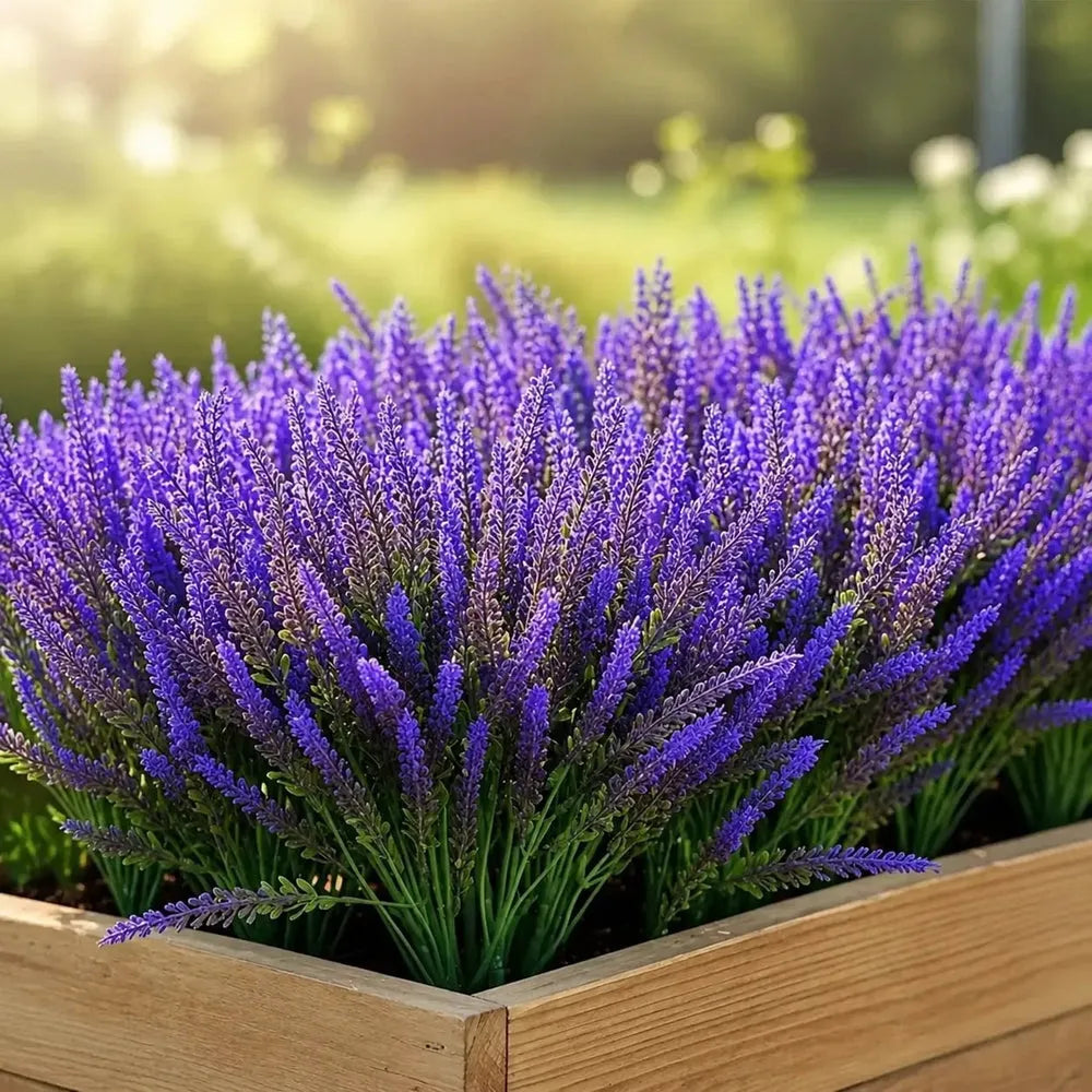 Artificial purple lavender bundle planted in wooden raised garden bed, outdoor garden decor with sunlit bokeh background – IPOPU