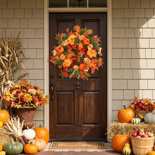 Orange maple leaf fall wreath with pumpkin picks decorating front door for Thanksgiving – IPOPU