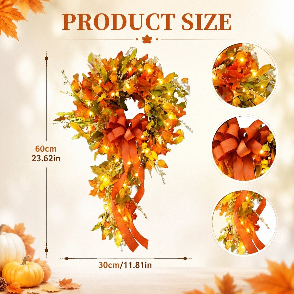 Fall teardrop swag wreath product size chart dimensions reference – IPOPU
