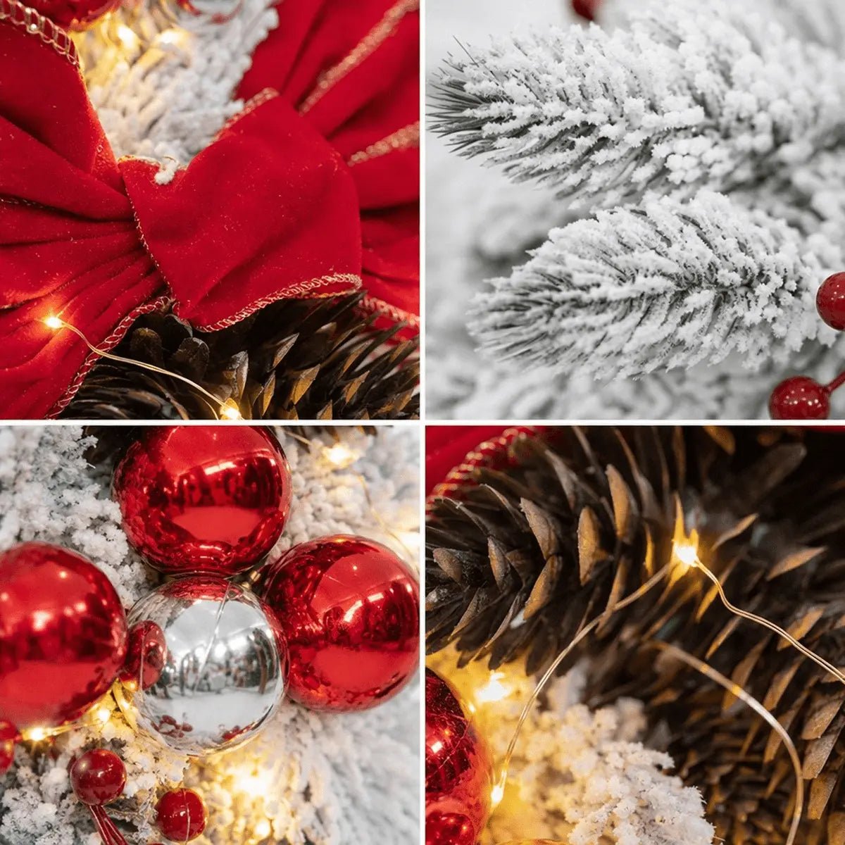 Close-up details of red bow, flocked pine, ornaments and LED lights