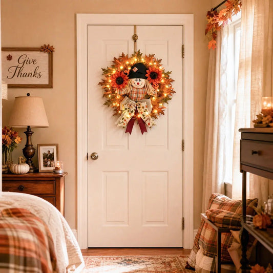 Scarecrow sunflower wreath with maple leaves and bow hanging on interior door fall decor – IPOPU