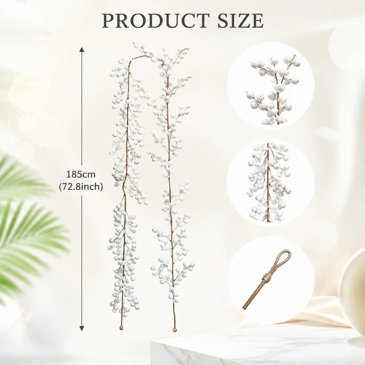 White Berry Christmas Garland Size Chart – 6.1FT Artificial Faux Berry Garland for Holiday Decor