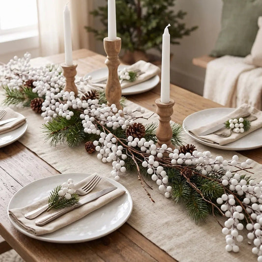 Artificial White Berry Christmas Garland Styled as Table Runner with Candles and Place Settings