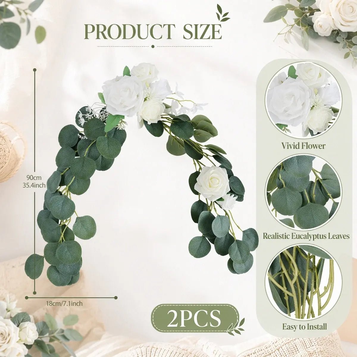 White rose silver dollar eucalyptus swag size chart: 90cm/35.4inch length, 18cm/7.1inch width, set of 2 pcs – IPOPU