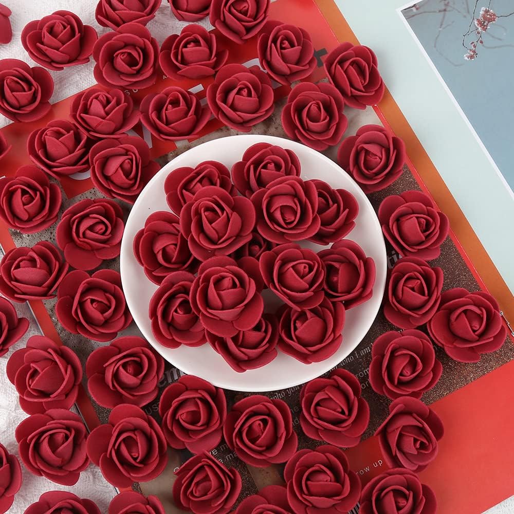 500pcs Burgundy Mini Foam Rose Heads, Artificial Foam Flower Bulk Fake Flower