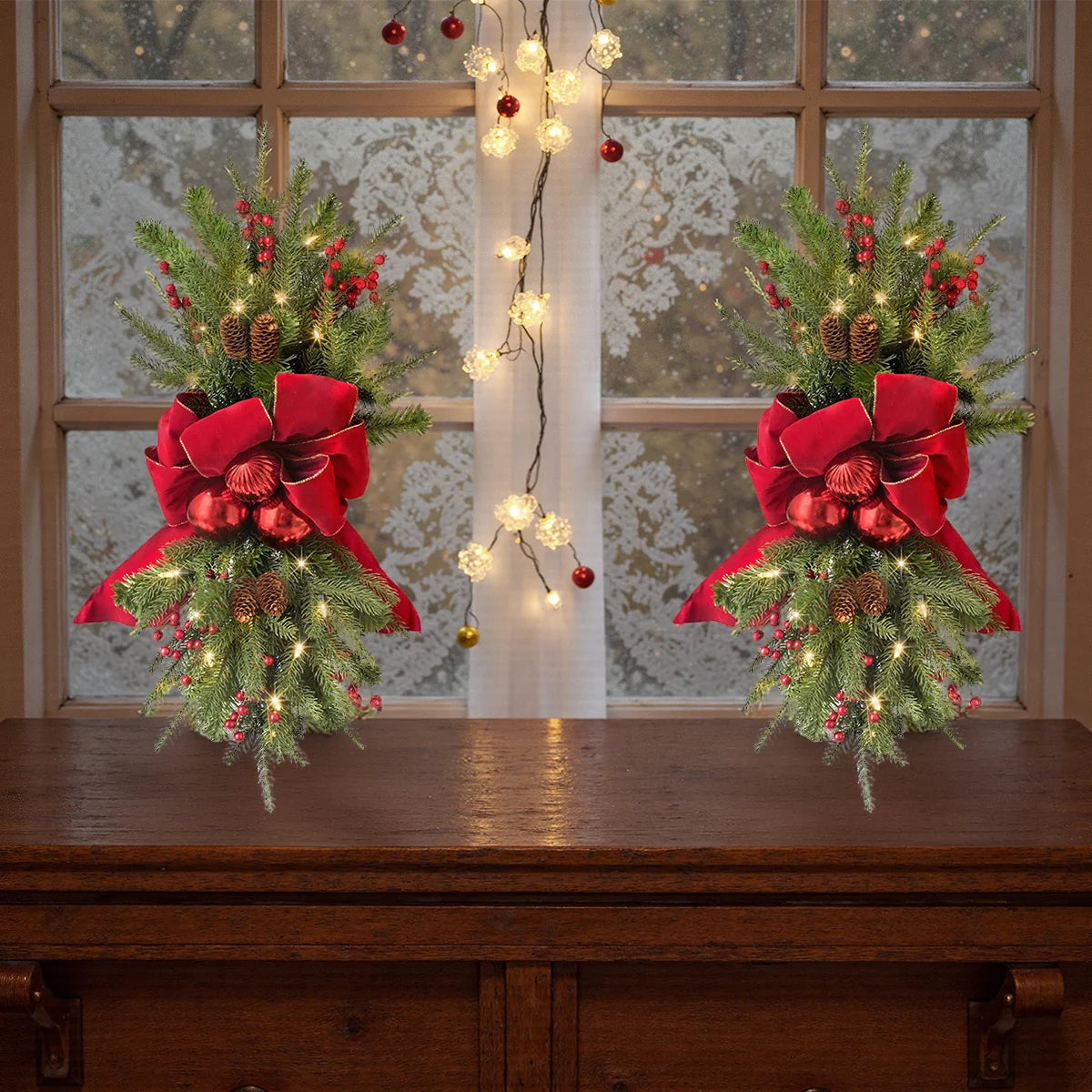 Pre-Lit Christmas Window Swag Set of 2
