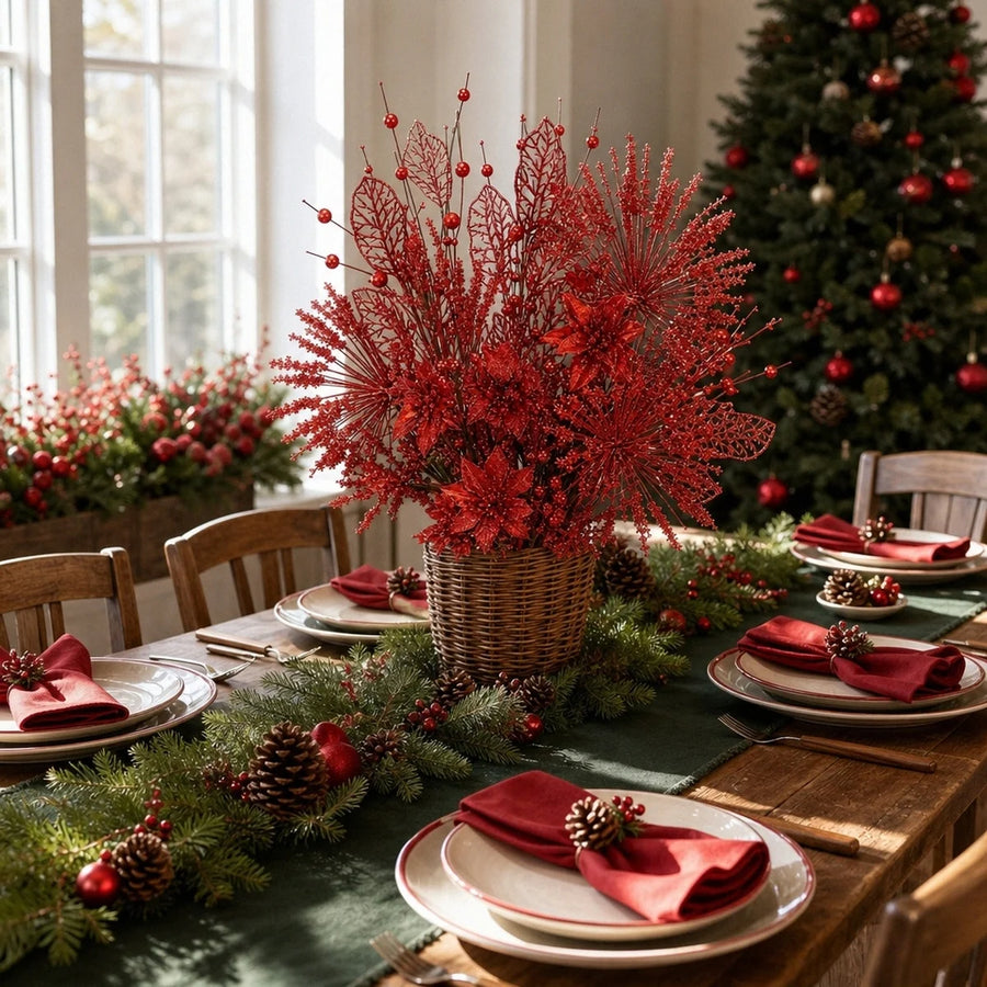 Red Glitter Branch Christmas Floral Arrangement – 12 Pcs