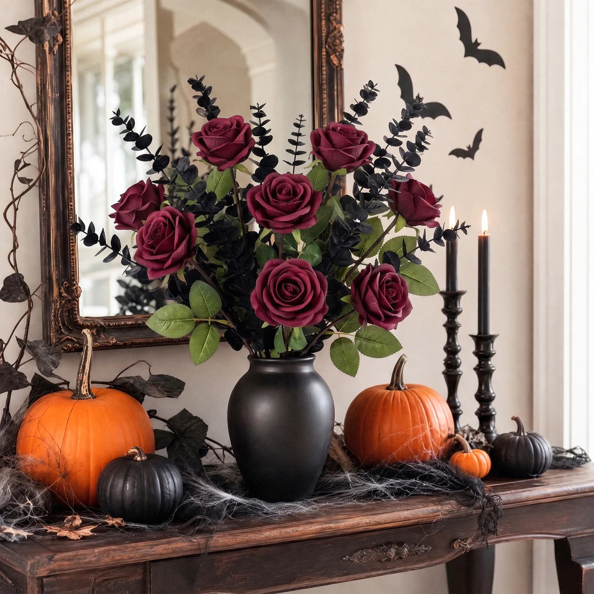 Burgundy Rose & Black Eucalyptus Halloween Floral Set