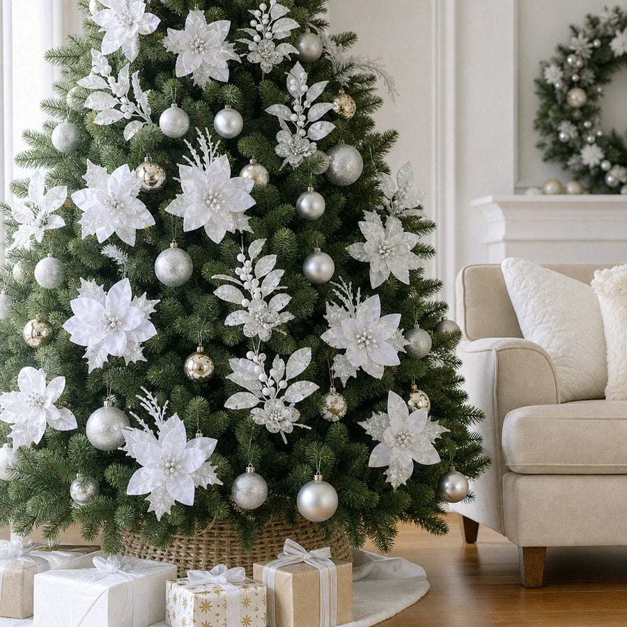 White Poinsettia Christmas Tree Floral Pick Set