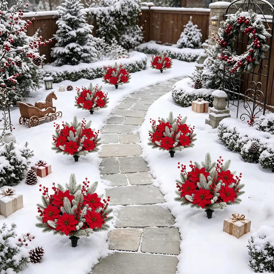 Snow-Flocked Poinsettia & Pine Yard Stake Set