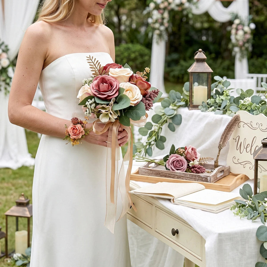 Terracotta Rose Bridal Bouquet & 4 Corsages