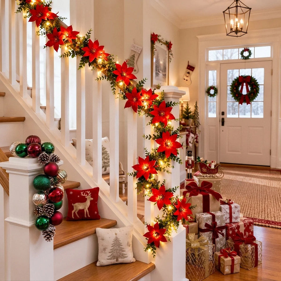 Red Poinsettia Christmas Garland Collection – 4 Pcs