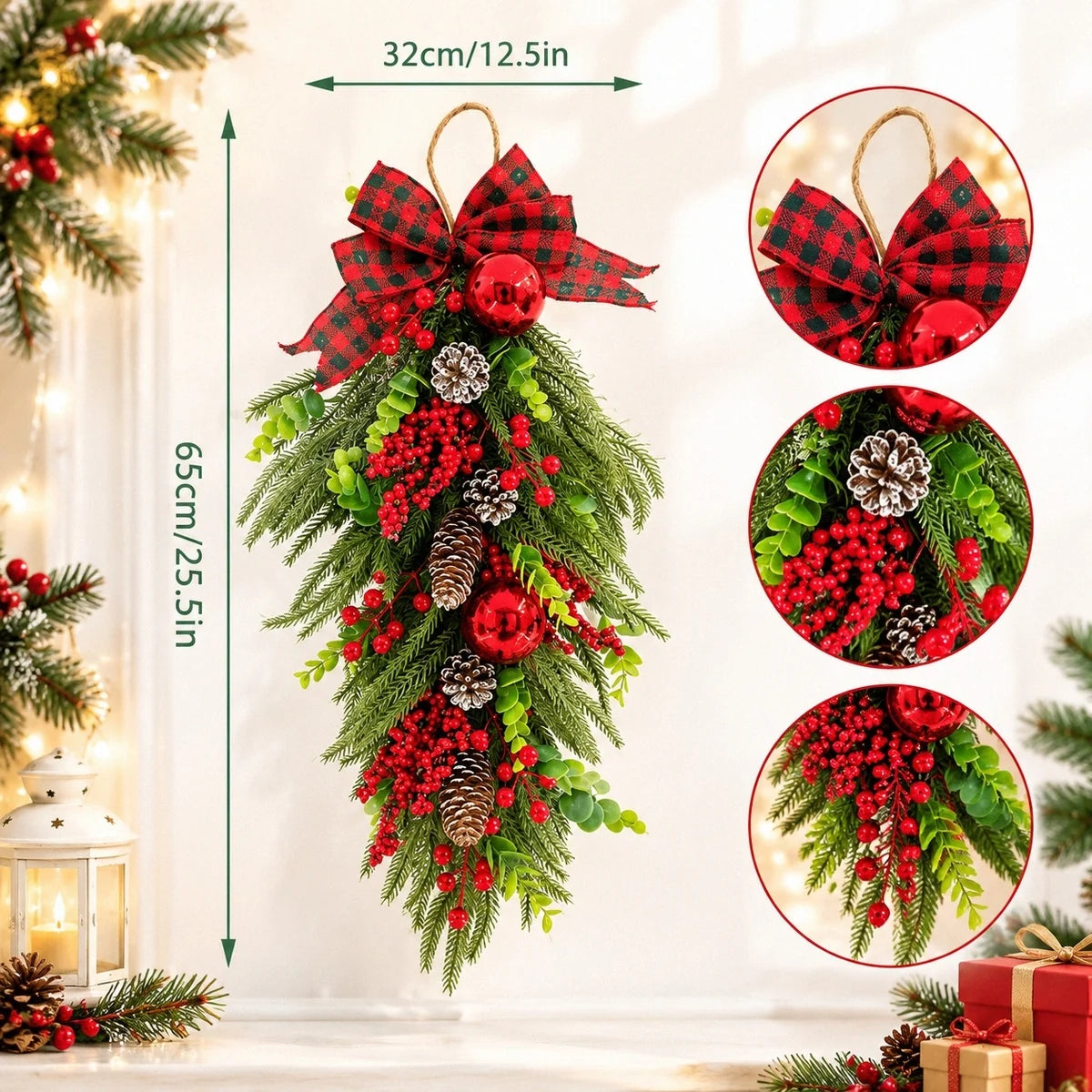 25.5-Inch Plaid Bow Christmas Teardrop Swag