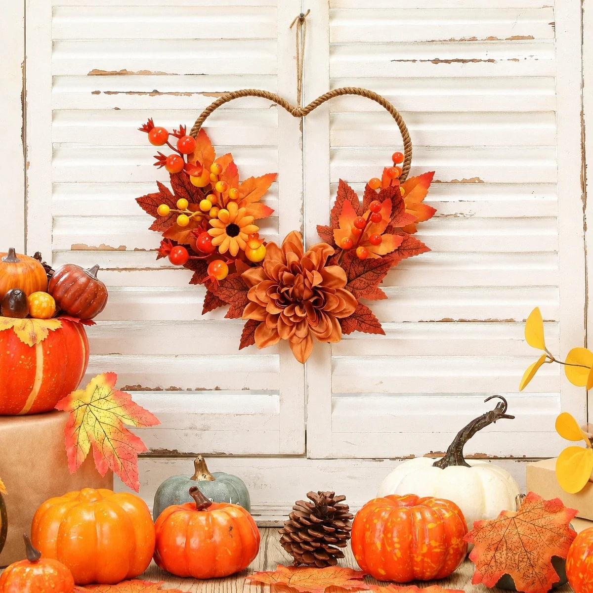 2-Piece Heart-Shaped Maple Leaf Fall Wreath Set