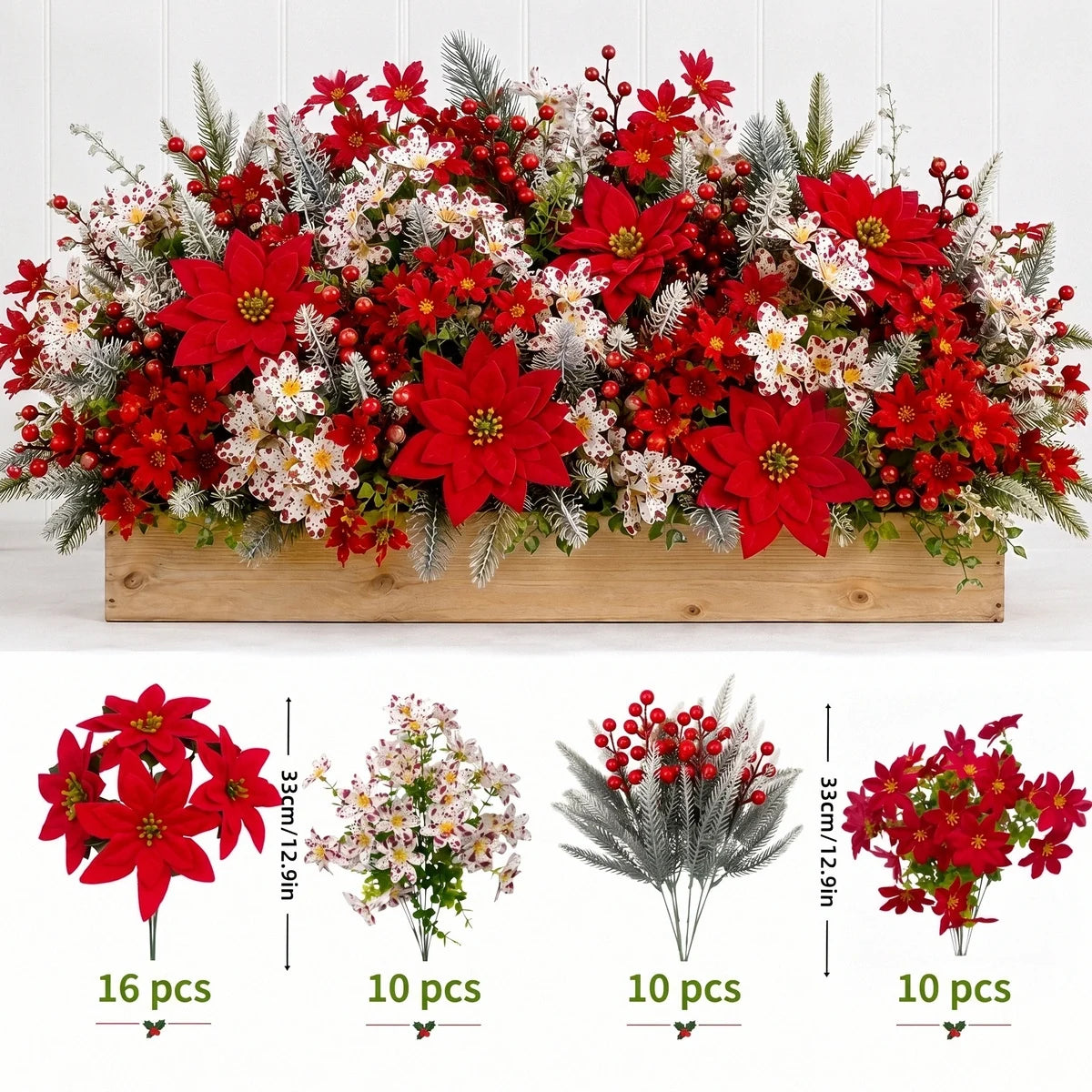 46-Piece Red, White and Silver Christmas Floral Stem Set