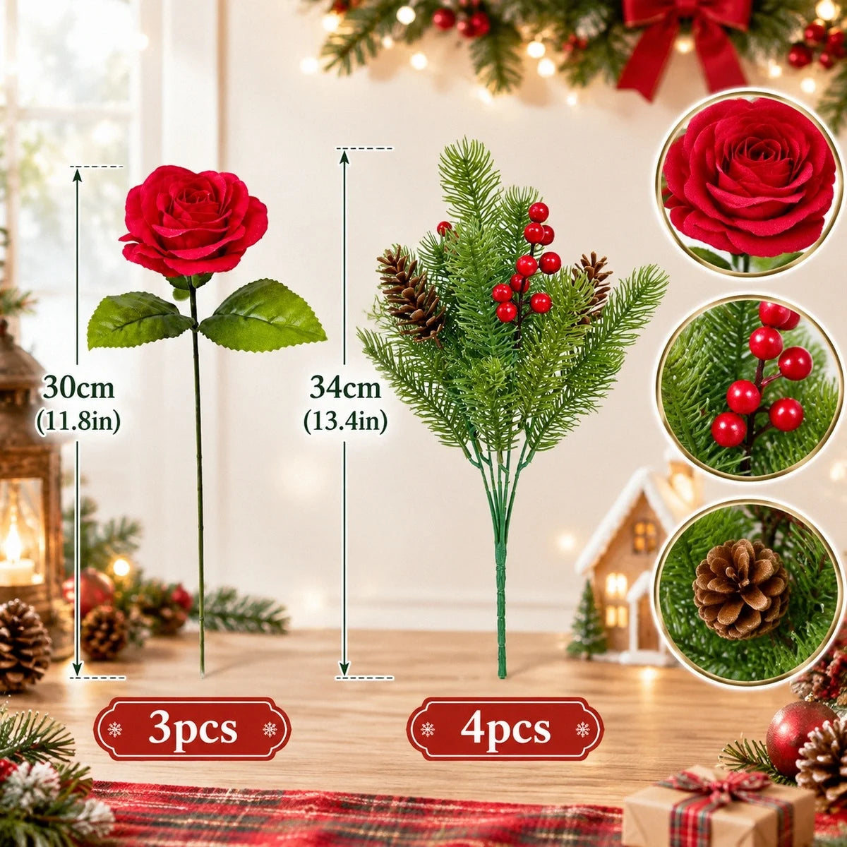 Red Rose and Pine Berry Artificial Floral Pick Set