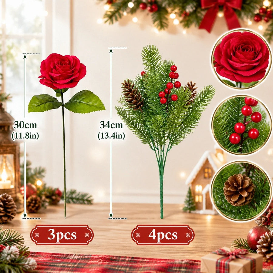 Red Rose and Pine Berry Artificial Floral Pick Set