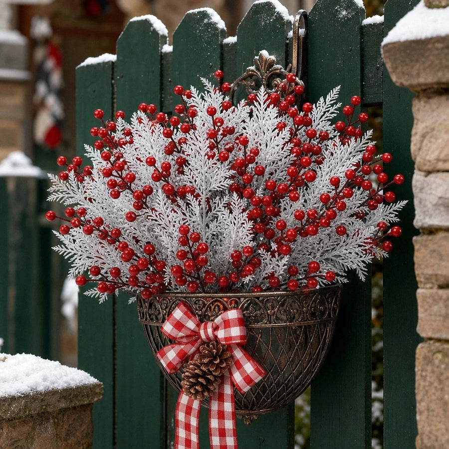 Artificial White Pine & Red Berry Picks – 50 Pcs
