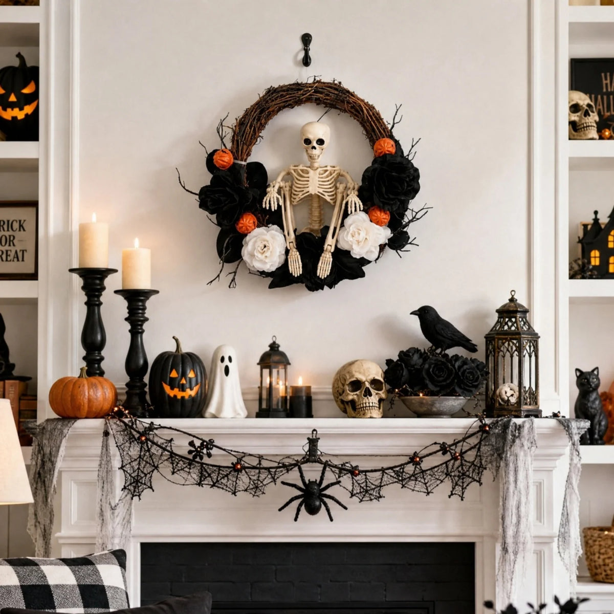 Skeleton and Black Rose Halloween Wreath