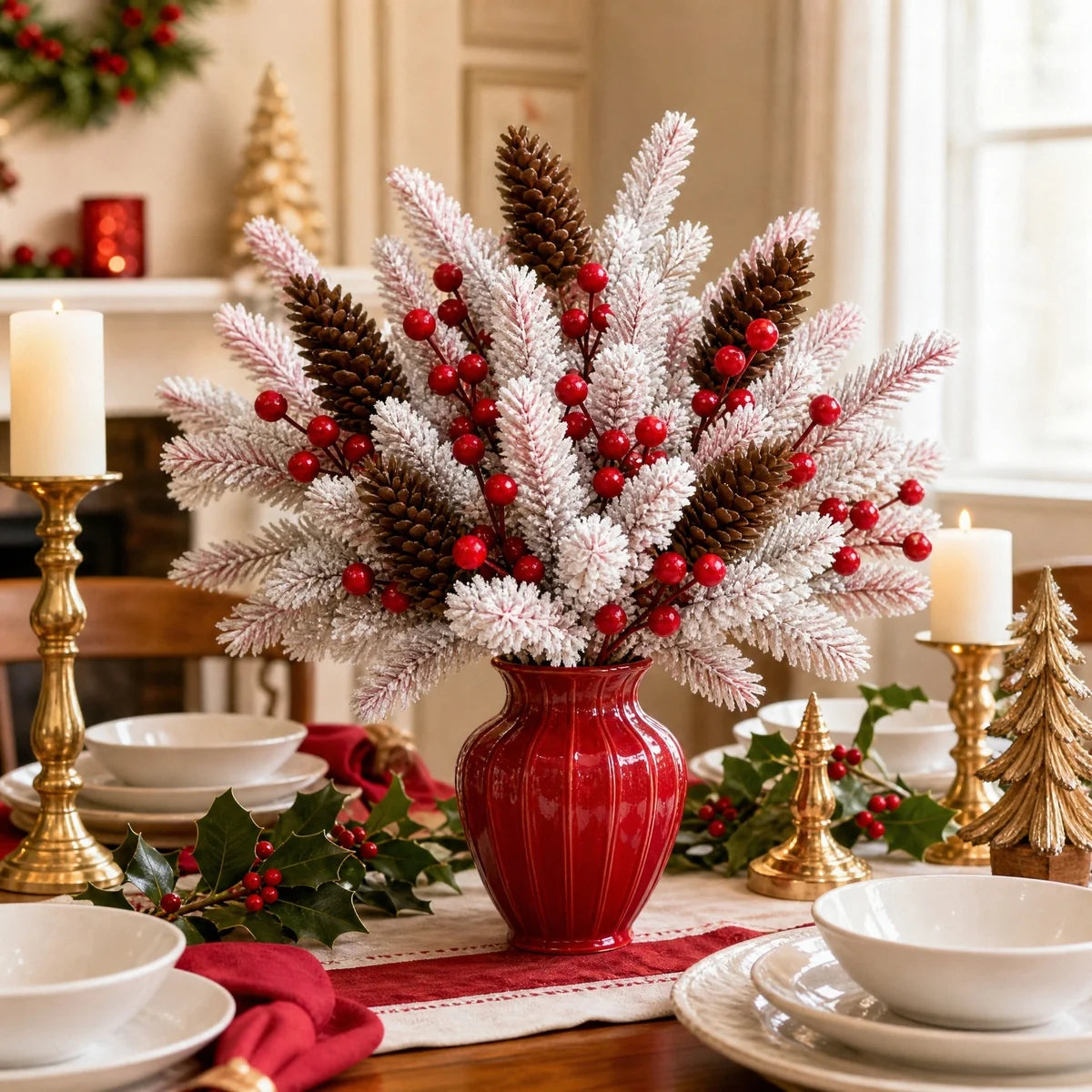 Frosted Pinecone and Red Berry Christmas Stem Set